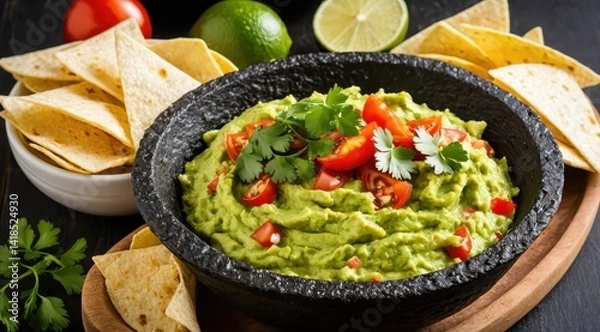 Fototapeta A rustic bowl of creamy guacamole garnished with fresh tomatoes and cilantro, accompanied by lime wedges and tortilla chips