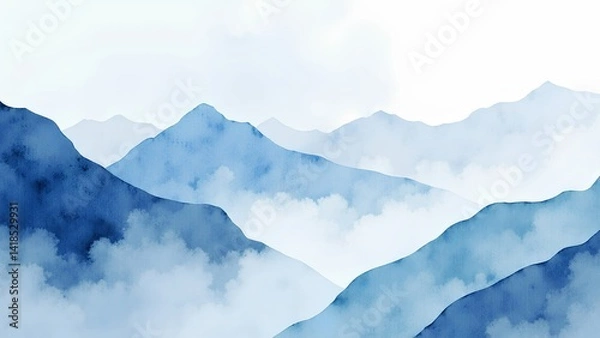 Fototapeta Serene Blue Mountains with Foggy Background in Watercolor Style