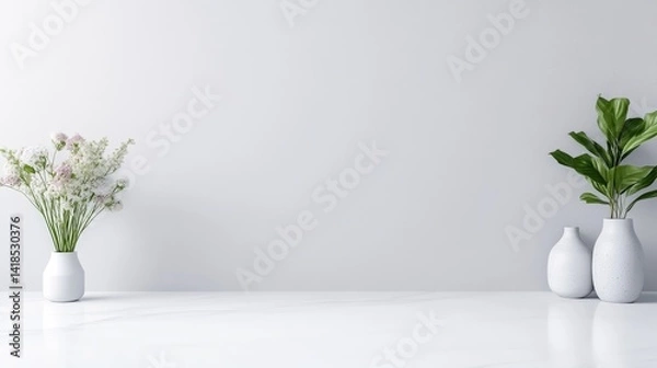 Obraz Three white ceramic vases with green plants and white flowers on a sleek white surface against a minimalist light gray wall, and modern interior design concept.