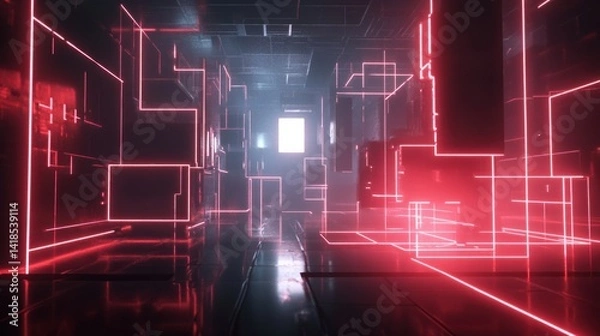 Fototapeta Futuristic Neon Corridor with Glowing Red and Blue Lines