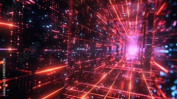 Fototapeta Abstract electric flow with neon light effect in server. Modern Technology age to host domain with particle of data flowing represent database storage. Supercomputer in digital fantasy theme. AIG53.