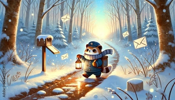 Fototapeta A heartwarming illustration of a raccoon dog mail carrier delivering glowing letters and parcels through a thawing winter forest, surrounded by a dreamy landscape with sunlight and a gentle breeze