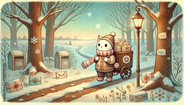 Fototapeta A Magical Spring Journey: A Tiny Cat Mail Carrier Bringing Letters Along a Thawing Forest Path