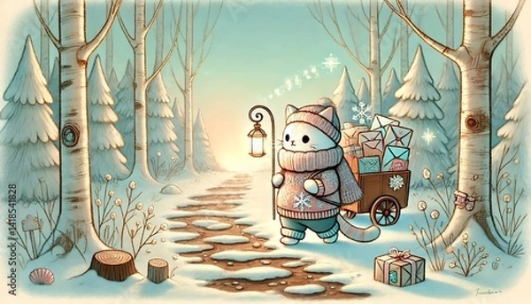 Fototapeta A Magical Springtime Mail Delivery: A Tiny Cat Postman Journeying Through a Melting Snowy Forest
