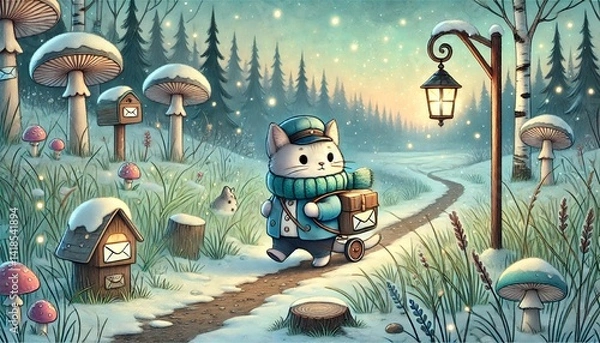 Fototapeta A magical springtime scene of a cat mailman delivering glowing letters in a serene, melting forest landscape