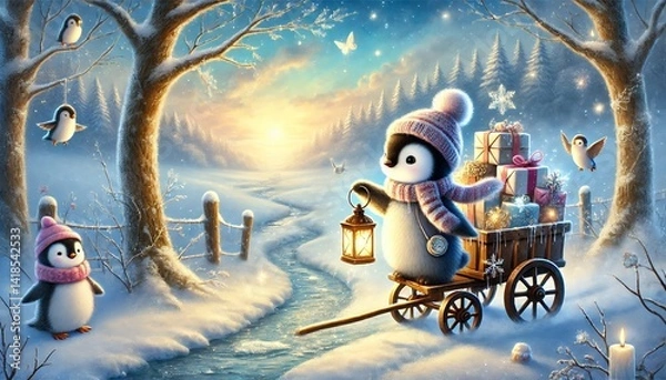 Fototapeta A heartwarming storybook-style illustration of a small penguin postman delivering magical letters along a snowy path, glowing with the transition from winter to spring