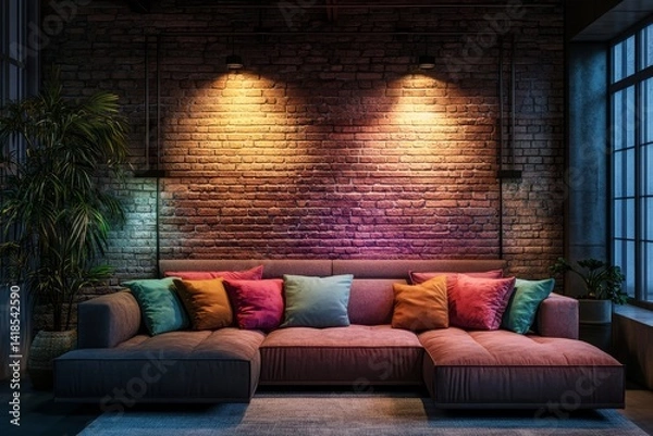 Obraz Interior of a modern living room with a sofa, pillows and brick wall.