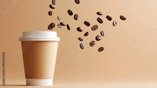 Obraz Coffee beans are falling towards a takeout cup on display