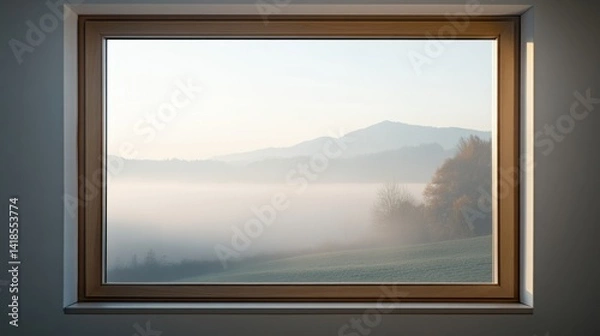 Fototapeta Scenic Mountain View Through Window with Fog and Morning Light
