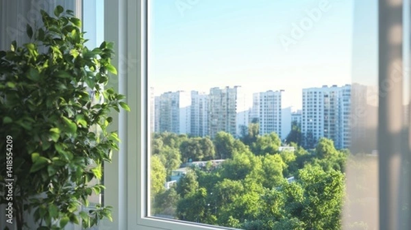 Obraz Serene Window View of Urban Landscape with Green Trees and Buildings