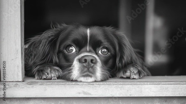 Obraz Charming Black and White Dog with Expressive Eyes by the Window