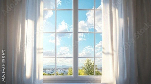 Obraz Bright Modern Window View with Blue Sky and White Clouds
