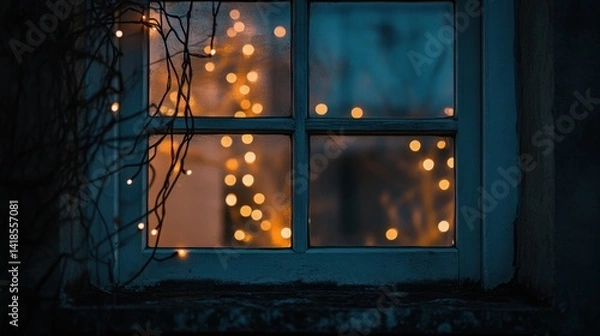 Obraz Warm Glow of Fairy Lights Through a Rustic Window at Dusk