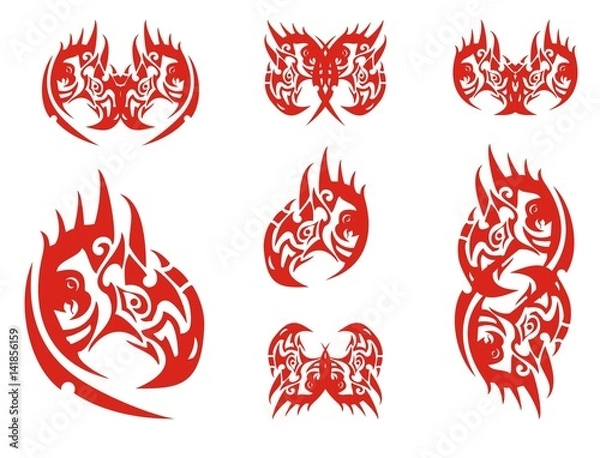 Fototapeta Fantastic flaming eagle head and symbols formed from it. Decorative mystic eagle head, symbols and butterflies formed from it in red and white options