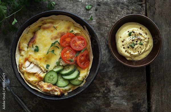Fototapeta A bowl of colorful Middle Eastern cuisine with fresh vegetables and hummus, placed on a rustic wooden table, emitting an enticing aroma.