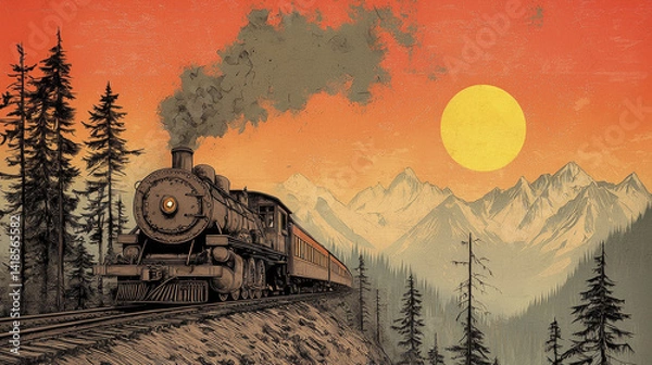 Fototapeta Vintage steam train travels through mountain pass sunset, with warm orange and yellow tones sky and large sun visible. Dark green pine trees and snow capped peaks create nostalgic and peaceful