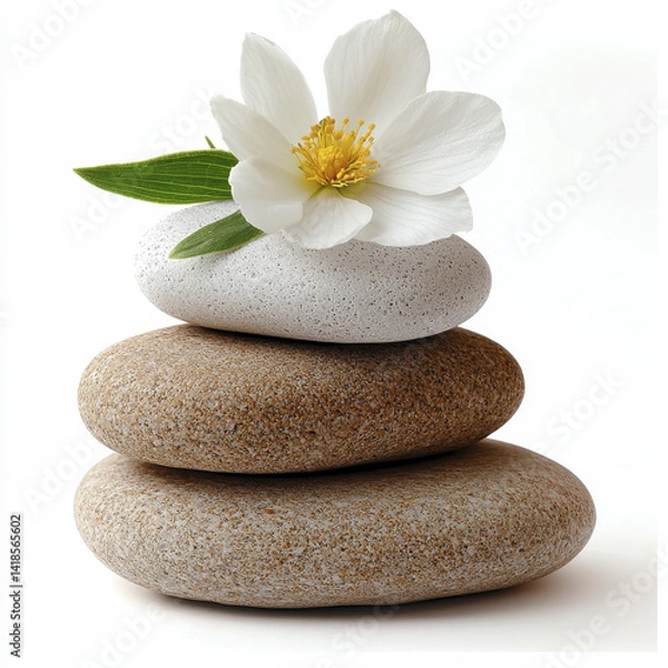Fototapeta White flower with green leaves rests atop stack of three smooth, speckled stones, two brown and one white, isolated on white background, evoking spa like serenity and natural balance