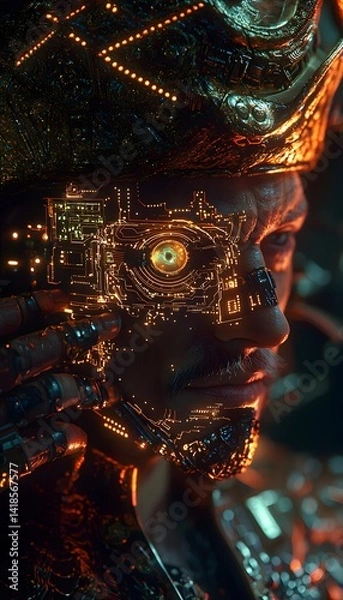 Fototapeta Portrait shot of a masked pirate captain adjusting their cybernetic eye, glowing circuitry embedded into their golden hat. Cinematic high-seas cyber-fusion