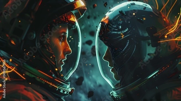 Fototapeta Close-up shot of an alien queen whispering into the mind of a lost astronaut, their helmets connected by glowing tendrils of thought. Cinematic interstellar mind invasion