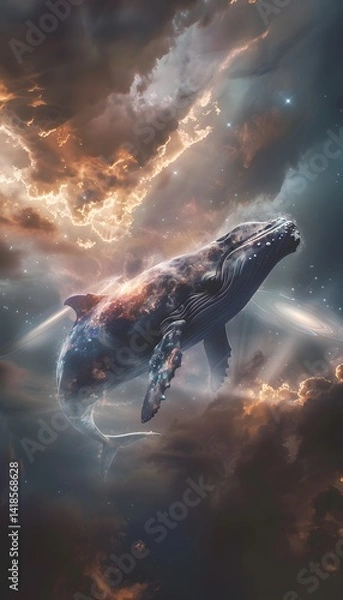 Fototapeta Silhouette shot of a gargantuan cosmic whale swimming through the void, entire galaxies reflecting in its translucent skin. Cinematic surreal celestial wonder