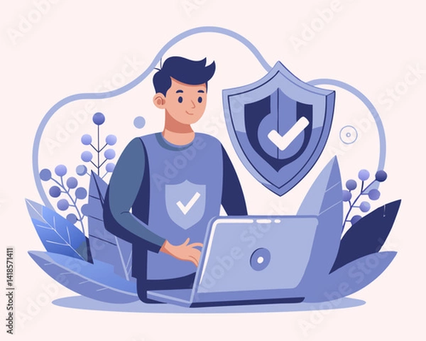 Fototapeta Cybersecurity protection with digital shield and secure laptop against online threats

