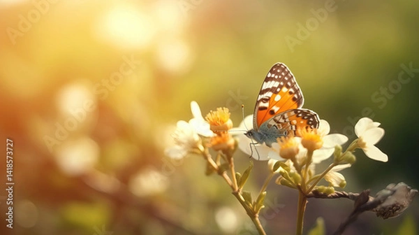 Fototapeta The beautiful colored butterfly on a yellow flower with blurry background in the morning of spring season.