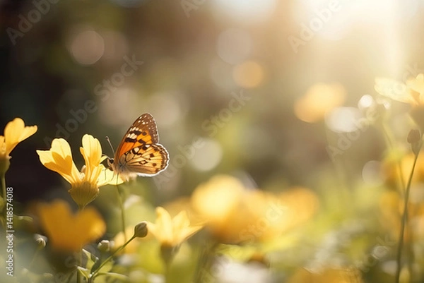 Fototapeta The beautiful colored butterfly on a yellow flower with blurry background in the morning of spring season.