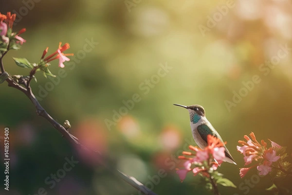 Fototapeta colorful hummingbird on the tropical flower in the morning with blurry green nature background