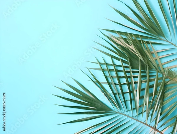 Fototapeta Palm tree leaves isolated on blue background with copy space for text. Tropical theme concept.