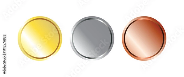 Obraz Award golden, silver and bronze blank medals 3d vector realistic illustration. First, second and third place medals or buttons isolated on white background. Quality blank, empty badge, emblem set.