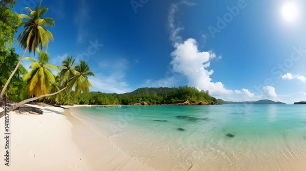 Fototapeta Stunning Tropical Beach with Palm Trees, White Sand, Turquoise Ocean Against the Blue Sky. Beautiful Nature Background for Relaxing Vacation.