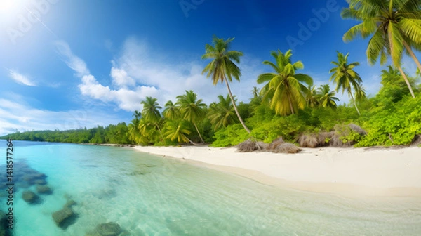 Fototapeta Stunning Tropical Beach with Palm Trees, White Sand, Turquoise Ocean Against the Blue Sky. Beautiful Nature Background for Relaxing Vacation.