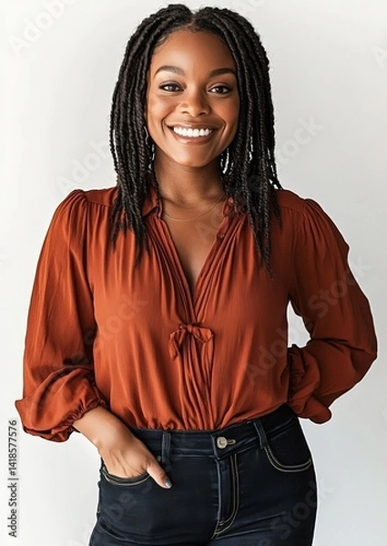 Fototapeta Portrait of a smiling Black woman with braided hairstyle in rust blouse and jeans, isolated on white background, confident young female looking at camera for diversity or lifestyle concept 