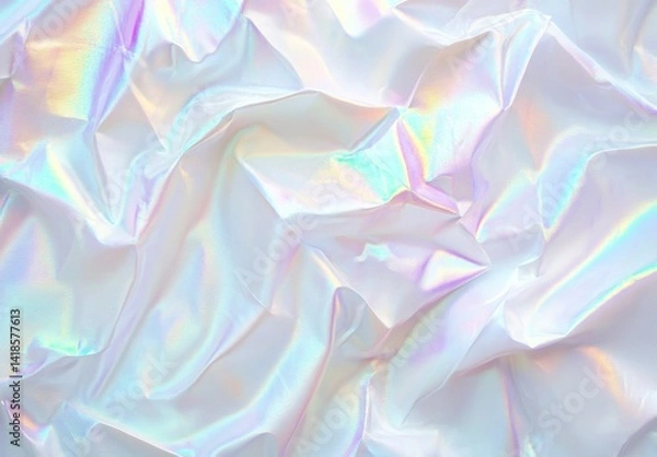 Fototapeta Holographic iridescent pastel background with wavy folds and shiny white surface, rainbow light reflection, abstract gradient texture for design, futuristic shimmer pattern