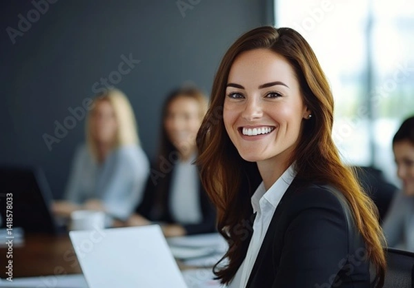Fototapeta Smiling businesswoman in meeting with colleagues in modern conference room, professional team collaboration, high-resolution photo with copy space for business or marketing mockup