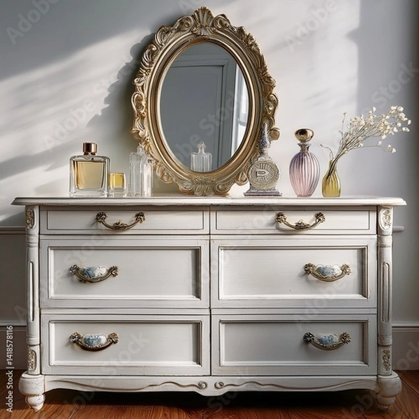 Obraz シャビーな白木の質感に魅せられるドレッサーと、静かに並んだ香水瓶が語る、時間のレイヤーを感じさせるシーン。

