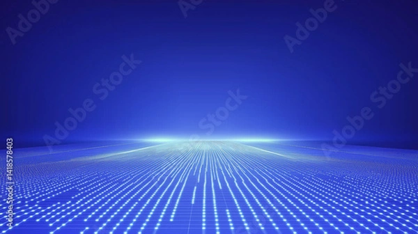 Fototapeta  A glowing grid on a deep blue background creates a futuristic technological virtual space, full of infinite possibilities and innovation.