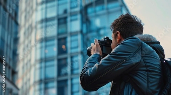 Obraz Photographer capturing the beauty of a building, framing the shot, --ar 16:9 Job ID: 30092953-9e68-42f0-986b-69260dcef32a