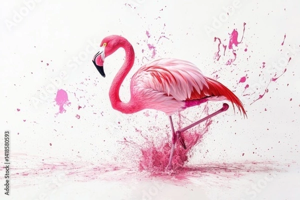 Fototapeta Vibrant Pink Flamingo with Artistic Splash of Color on White Background