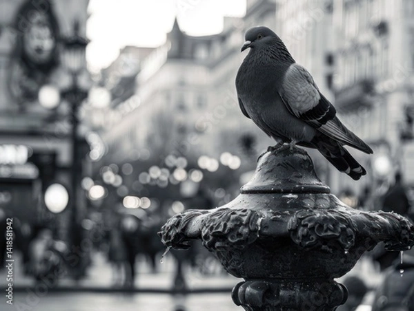 Obraz Pigeon perched on a statue in a bustling city square, contrast, --ar 4:3 Job ID: 18668924-daa1-4704-acbe-076e3be7c25e