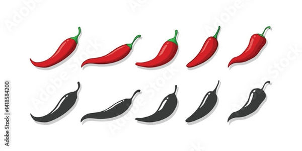 Obraz Set of  hot chili silhouette peppers, isolated on white background.