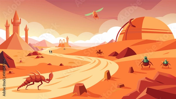 Obraz In the virtual desert race participants had to navigate through a sandstorm while avoiding giant scorpions and deadly quicksand s.. Vector illustration