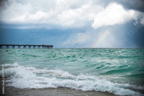 Fototapeta Sea Landscape with Rainbow and Pier 