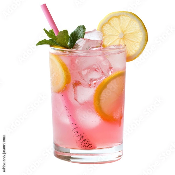 Obraz Glass of pink lemonade with a pink straw and a lime slice on a wooden table in natural light isolated on a white background,