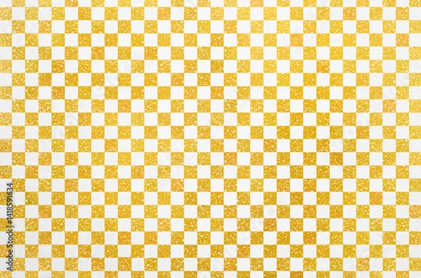 Fototapeta Japanese washi paper background with checkered pattern illustration. Japanese paper texture with modern golden  latticework pattern.