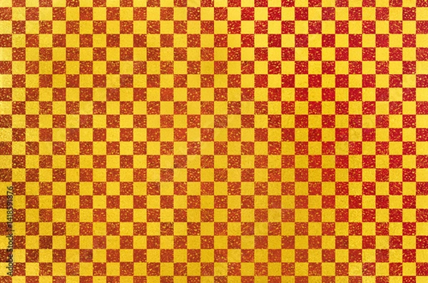 Fototapeta Japanese washi paper background with checkered pattern illustration. Japanese paper texture with modern golden  latticework pattern.