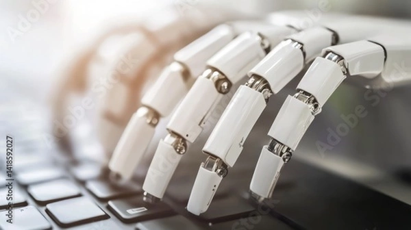 Obraz Robotic hand typing on laptop, office background, automation concept