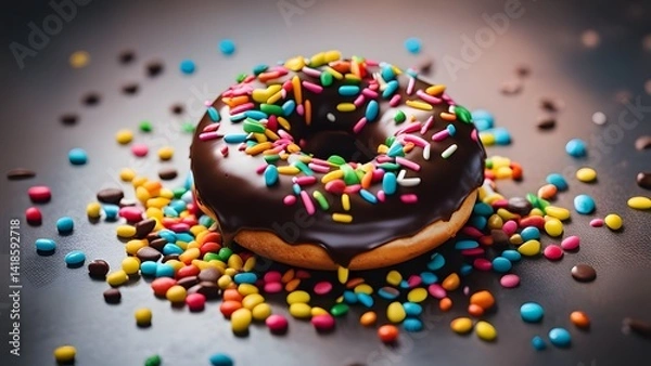 Obraz Delicious chocolate donut with bright candy sprinkles ready to be served on dish