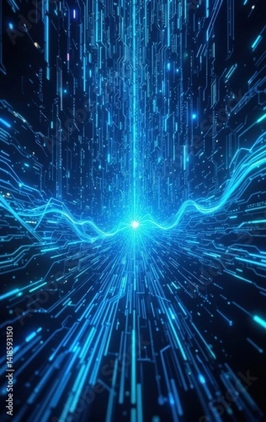 Fototapeta An abstract technology background featuring intricate blue lines interwoven with glowing lights, creating a dynamic and futuristic atmosphere that evokes innovation and connectivity.