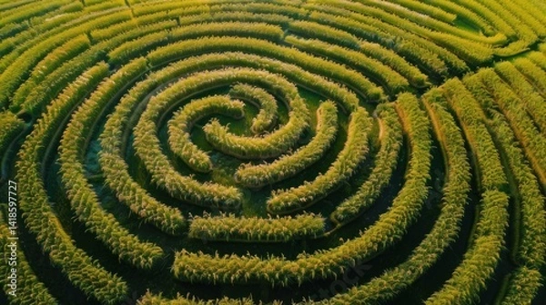 Fototapeta Spiral maze in field landscape pattern